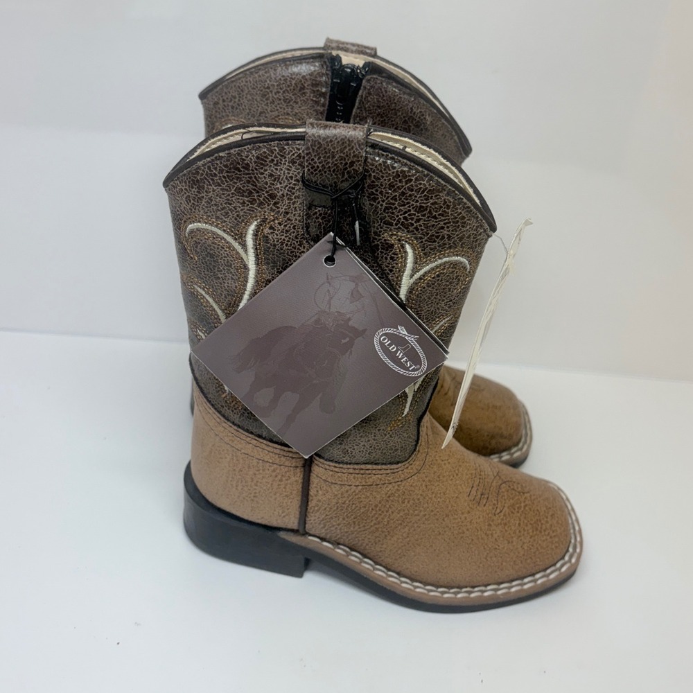 Old West Toddler 7.5D Boys Tan Brown Faux Leather Wide Square Toe Cowboy Boots